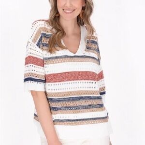 Crochet eyelet Striped Knit V-Neck Sweater